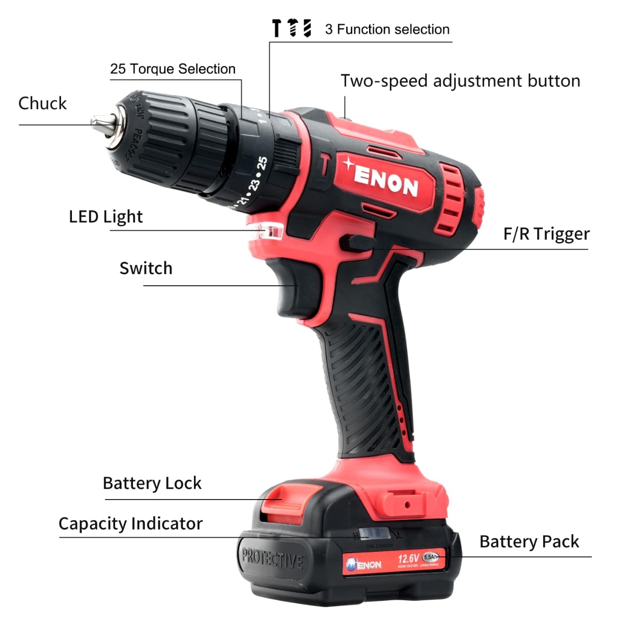 Enon Cordless Impact Drill for Home Use, 12.6V, 1500Rpm, Chuck 10mm, 25 Level Torque, F/R Trigger, 2 Modes, Magnetic Base, 2X1.5Ah Batteries, Keyless Chuck, Drill Kit - 6 Month Warranty (XE-CD1610) Enon Cordless Impact Drill for Home Use, 12.6V, 1500Rpm, Chuck 10mm, 25 Level Torque, F/R Trigger, 2 Modes, Magnetic Base, 2X1.5Ah Batteries, Keyless Chuck, Drill Kit - 6 Month Warranty (XE-CD1610)